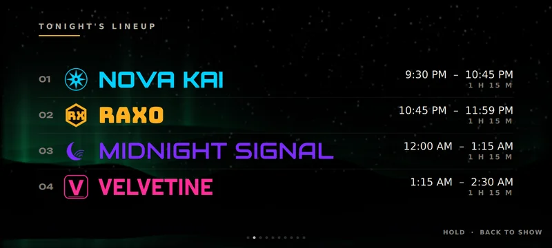 End credits, LINEUP: Tonight's lineup in play order: logos, names in their own fonts and colours, set times.