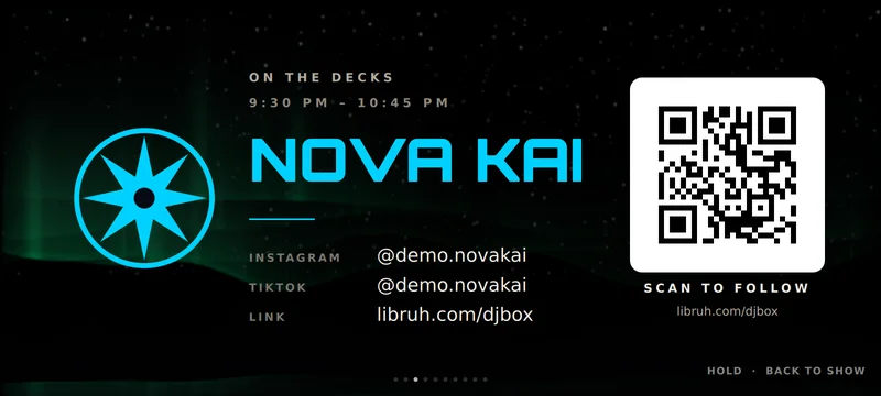 End credits, EACH DJ: One card per DJ: logo, socials and a QR code to follow them.