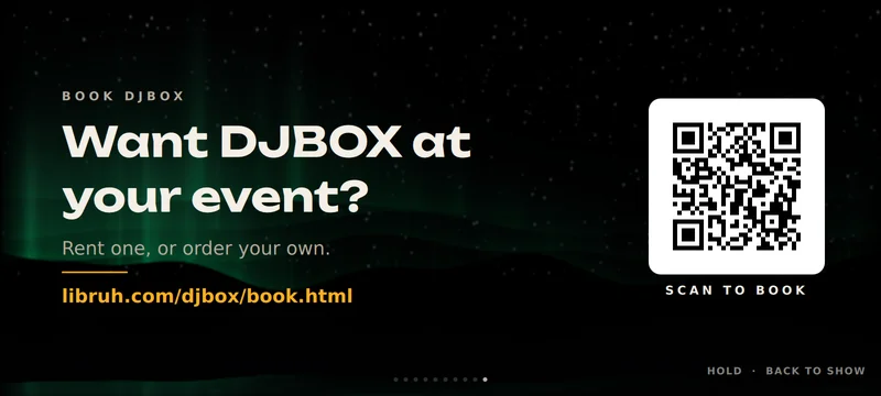 End credits, BOOK DJBOX: The last card: a QR code to book DJBOX for the next event.