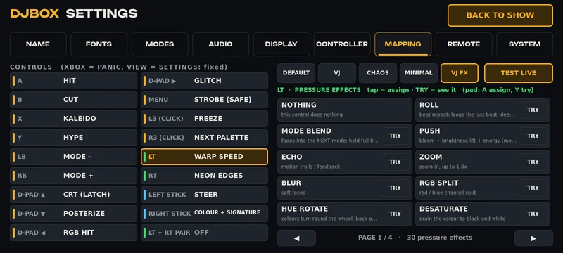 The MAPPING tab on the DJBOX touch screen: every controller button with its effect, the VJ FX preset selected, and the left trigger's pressure effects listed to pick from.